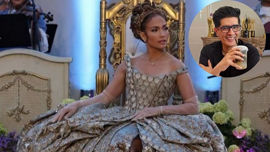 <div class="paragraphs"><p>The post shared by the designer, featured Lopez sitting on a throne in a light blue gown with heavy golden floral work all over it. Malhotra shared in the caption that it took 40 artisans over 3,490 hours to craft it.</p></div>